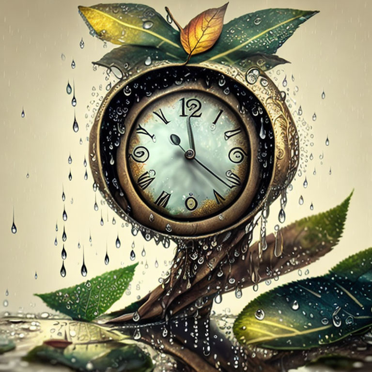 Surreal clock illustration with plant stems, water droplets, and growing leaves