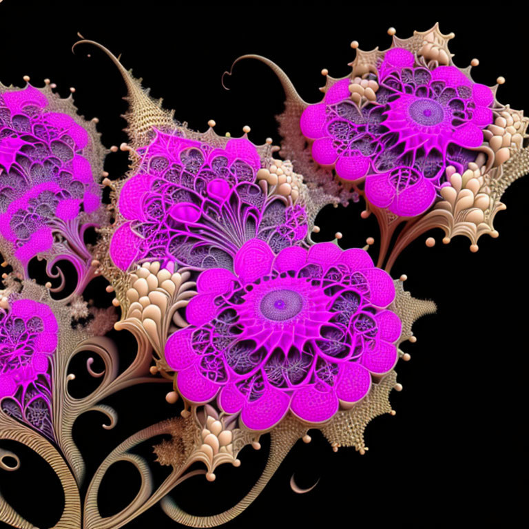 Detailed Pink and Purple Fractal Art on Black Background