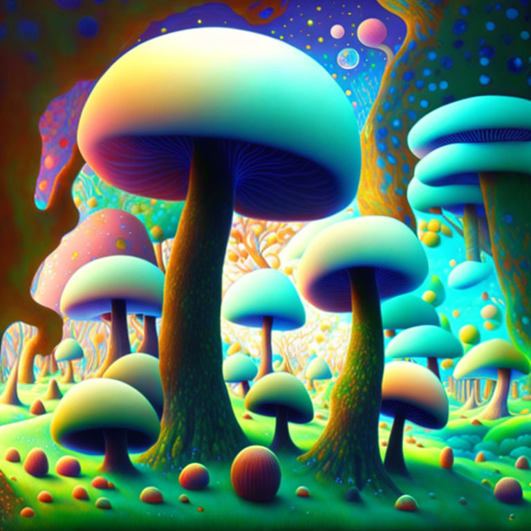 Fantasy mushrooms in neon forest: vibrant digital art