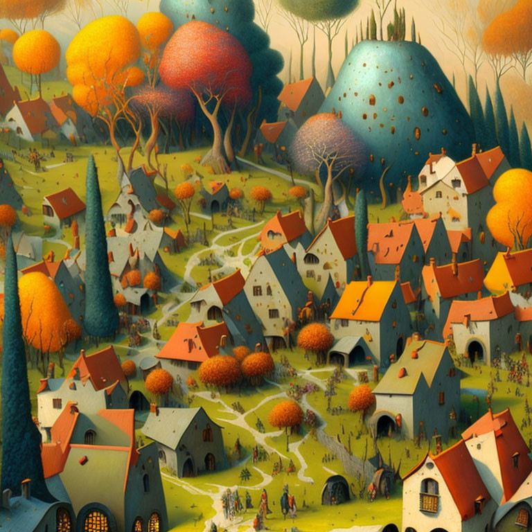 Colorful Whimsical Village Painting with Tree-Shaped Houses