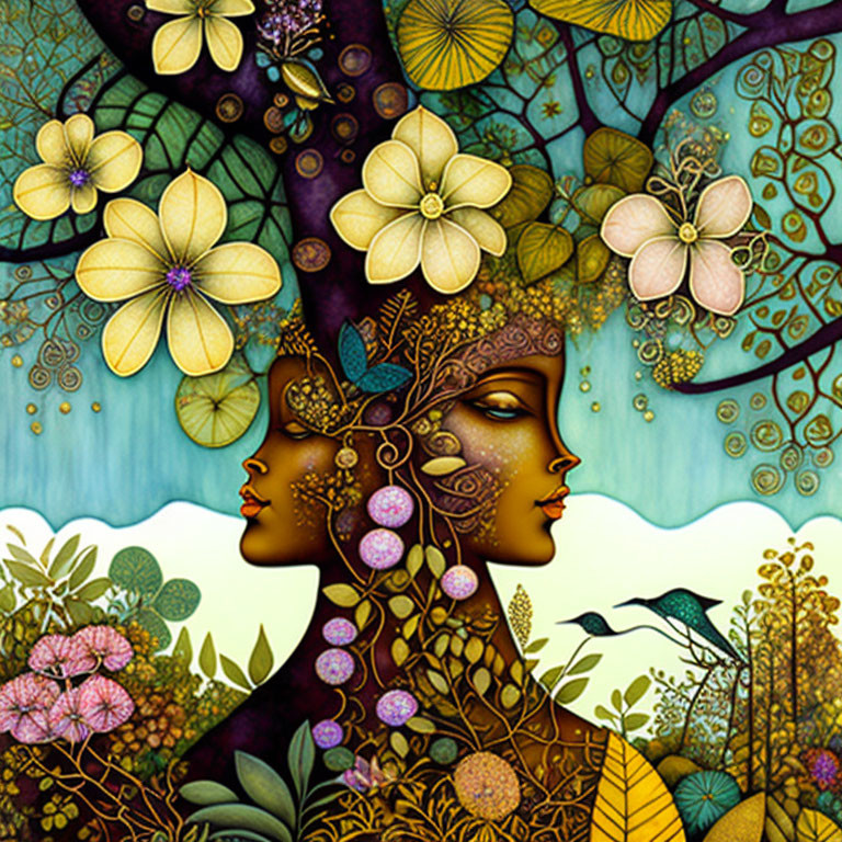 Woman merged with tree, flowers & wildlife in vibrant, surreal illustration.