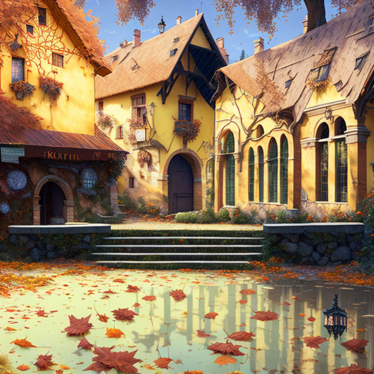 Golden-Yellow Architecture and Autumn Leaves in Serene Village Scene