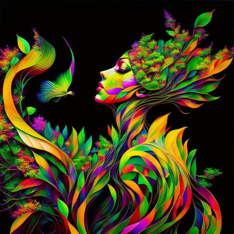 Colorful woman with floral hair on black background