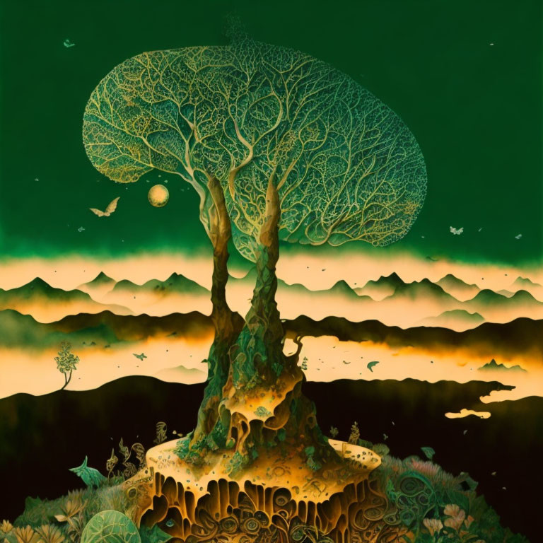 Vibrant surreal painting of grand tree with luminous canopy over hills