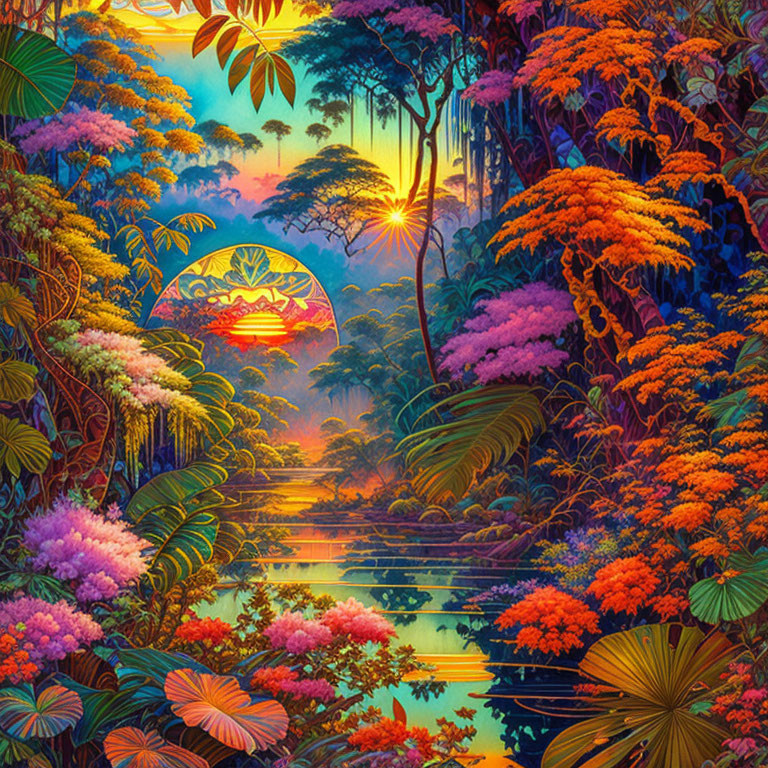 Colorful Jungle Scene with Sunset Reflection on River