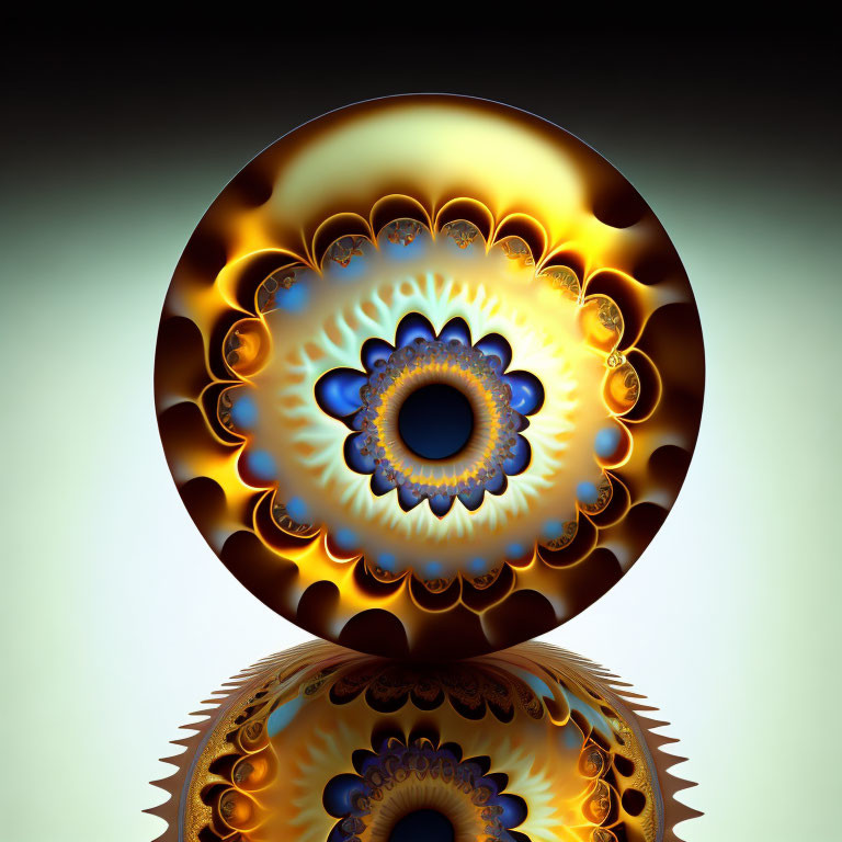 Symmetrical fractal graphic: Circular patterns in golden tones and blues on reflective surface.