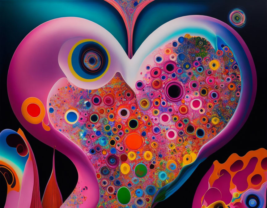 Colorful Psychedelic Circle Patterns in Heart Shape on Dark Background