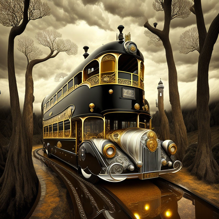 Fantastical double-decker steam train in autumnal forest with tower