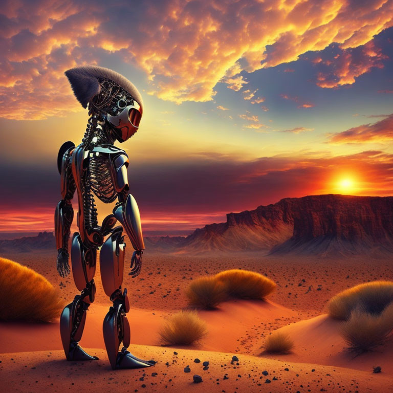 Futuristic robot with tribal adornments in desert sunset landscape