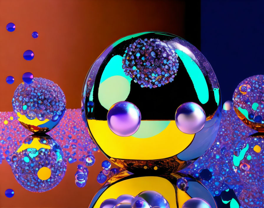 Vibrant Orange, Blue, Purple Spheres on Reflective Background