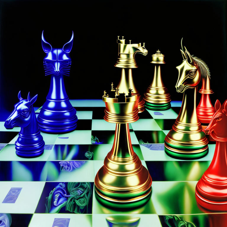 Colorful Chess Set with Artistic Pieces on Blue and Green Checkerboard