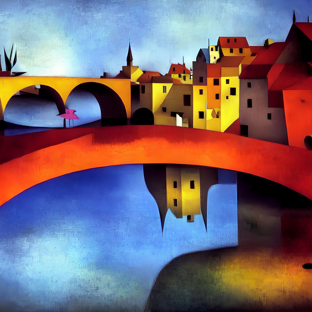 Vibrant cityscape painting with arched bridges and warm tones