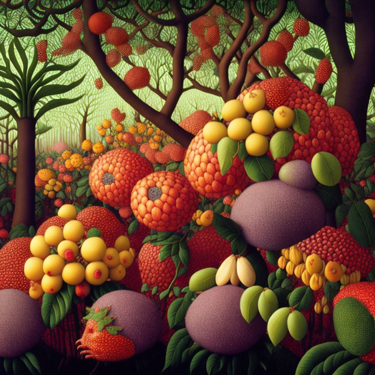 Colorful painting of stylized fruit and plants in lush forest scene