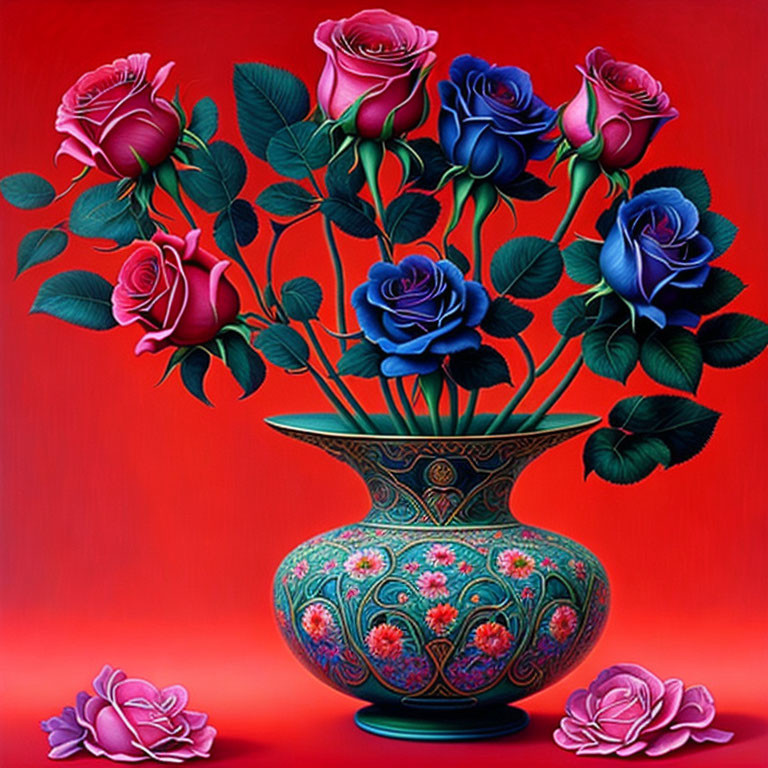 Colorful still life: red and blue roses in green vase on red background