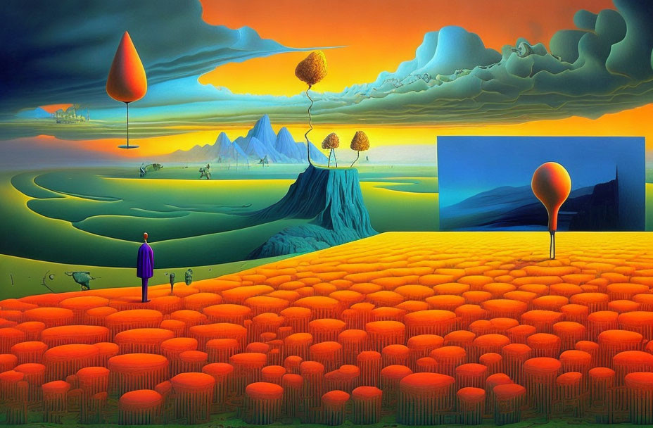 Vibrant surreal landscape with figure, cylindrical shapes, trees, mountains, and vivid sky