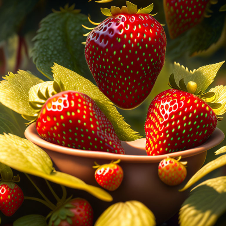 Fresh ripe strawberries in brown bowl with green leaves and smaller berries.