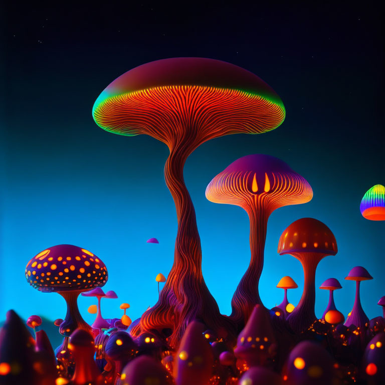 Colorful Mushroom Illustration in Fantastical Night Scene