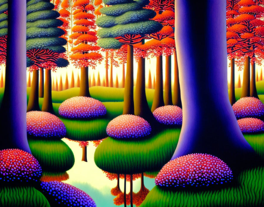 Colorful Stylized Forest with Oversized Mushrooms and Whimsical Trees