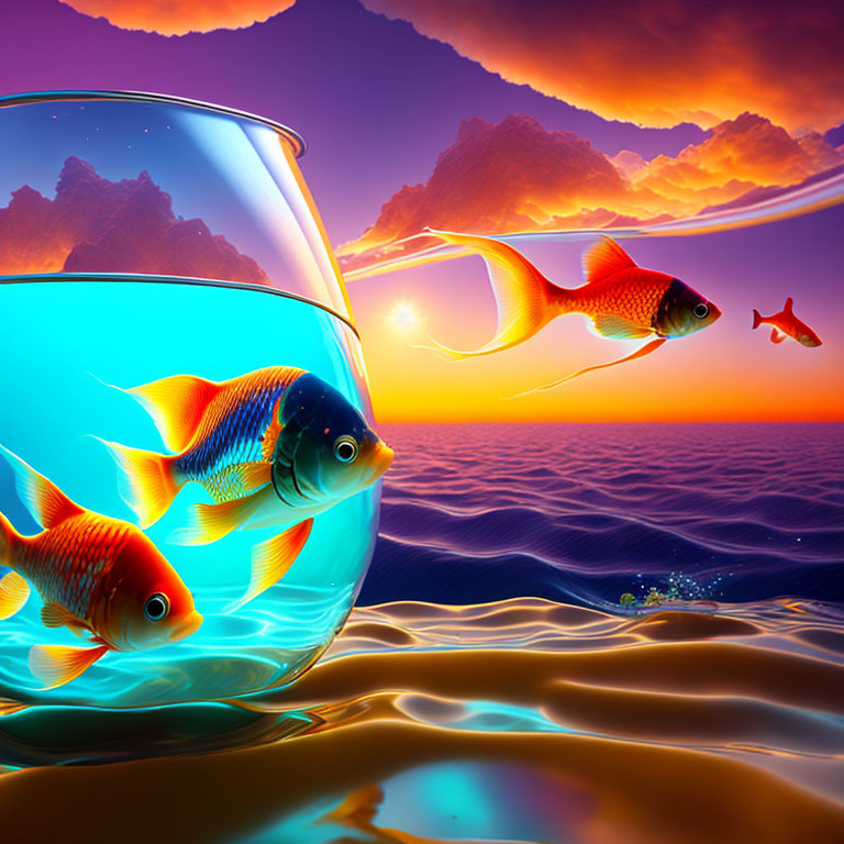 Colorful sunset scene with goldfish in bowl, one jumping towards sea