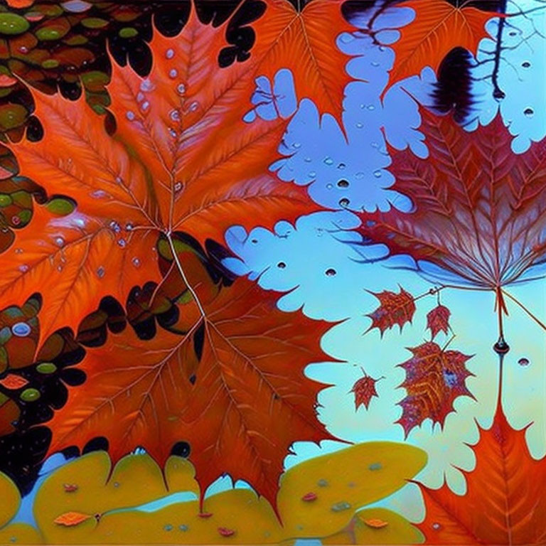 Colorful Autumn Leaves in Red, Blue, and Yellow Hues