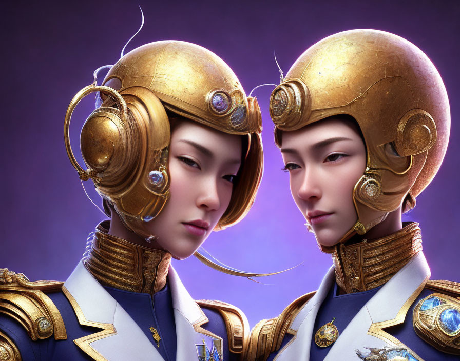 Two individuals in ornate golden helmets and regal blue uniforms with intricate designs and sleek, futuristic aesthetic