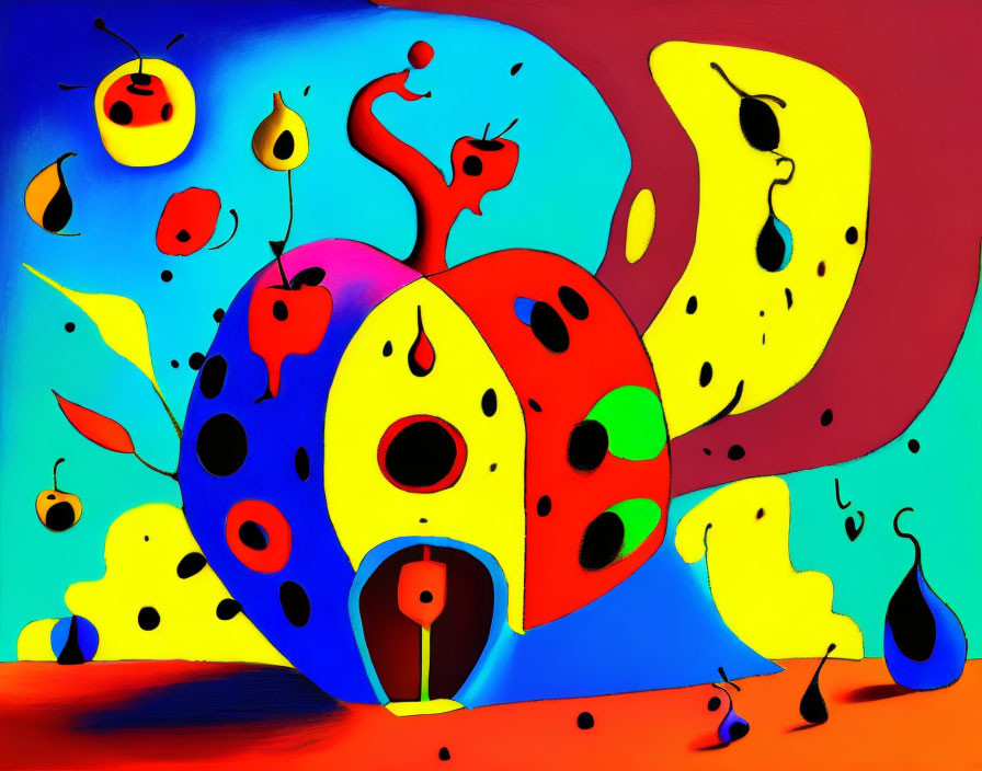 Colorful Abstract Painting with Cheese-like Shapes and Cherries-inspired Elements