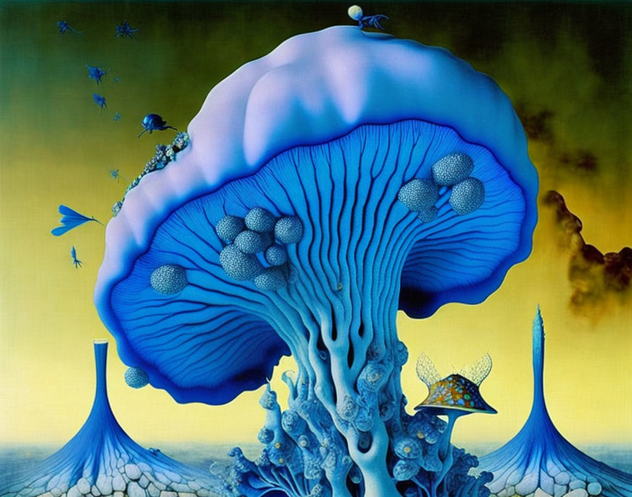 Surreal painting of large blue mushroom tree and undersea elements