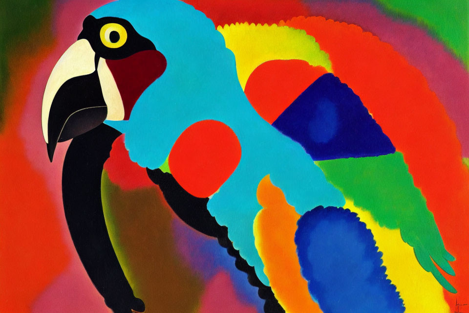 Vibrant Abstract Painting of a Macaw Parrot in Red, Blue, Yellow, and Green