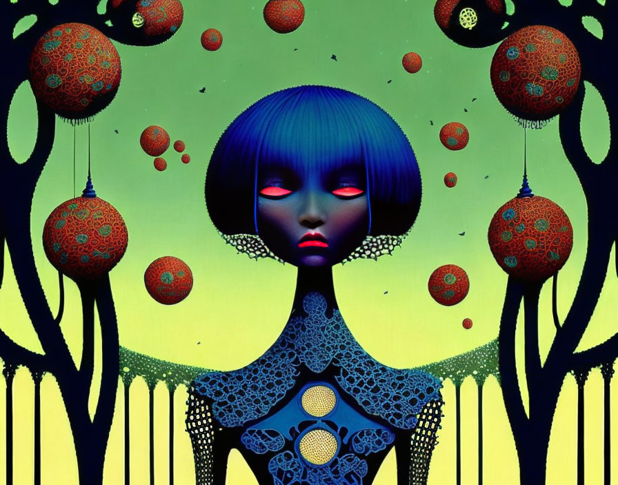 Blue-skinned figure with red eyes and bob haircut in surreal illustration.