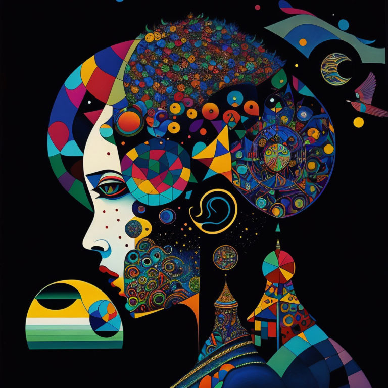 Vibrant abstract illustration of a profiled woman with geometric shapes and bird.