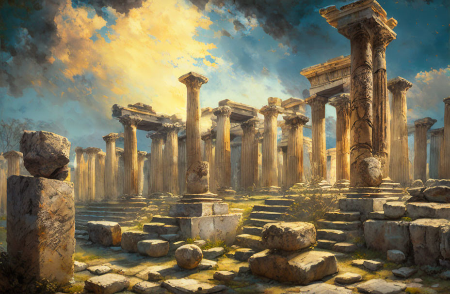 Ancient Greek ruins with sunlight filtering through, broken columns, and stone pathways.