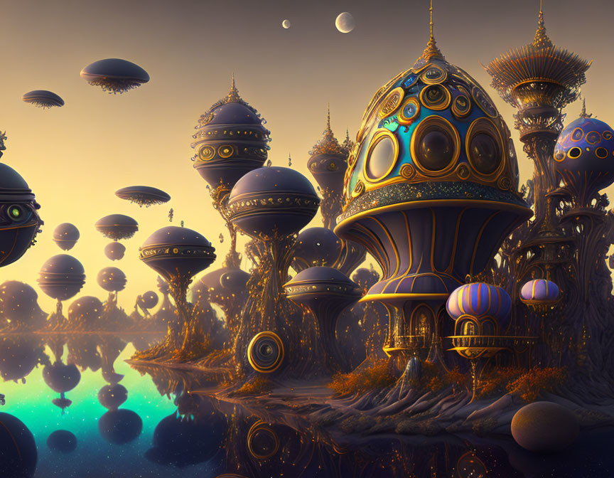 Ethereal fantasy landscape: floating structures, domed buildings, crescent moon