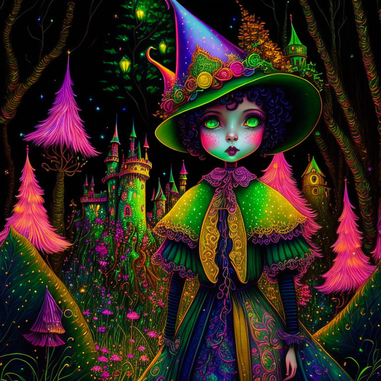 Colorful Witch Illustration in Enchanted Forest Setting