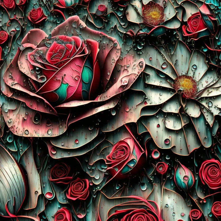 Vibrant Digital Artwork: Red Roses and Abstract Patterns