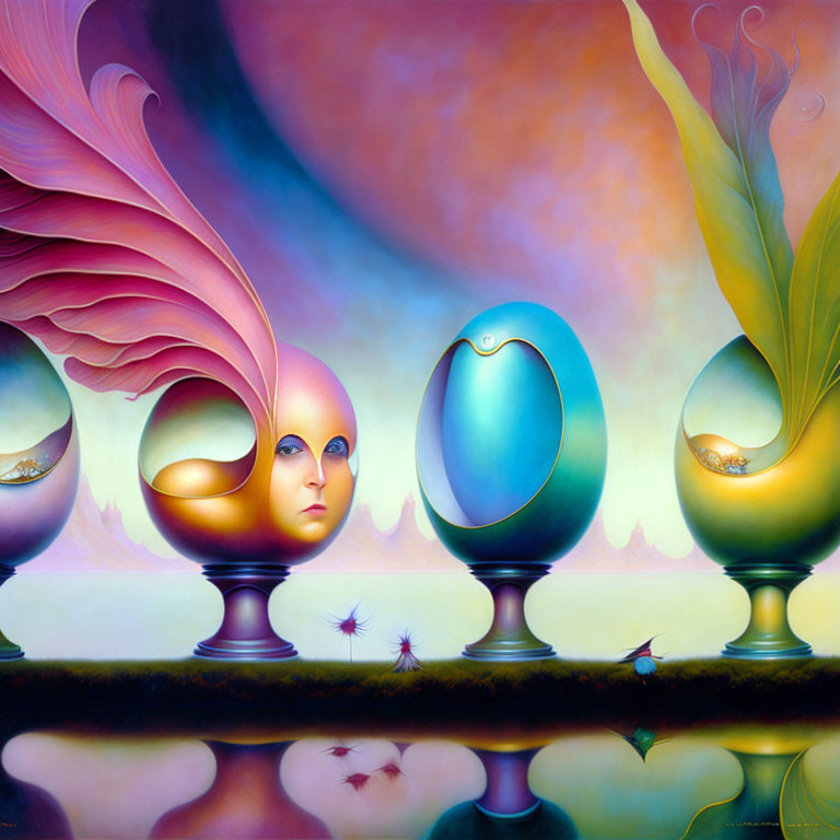 Colorful surreal artwork: face-like forms in eggs, whimsical plants, bird, dreamy sky