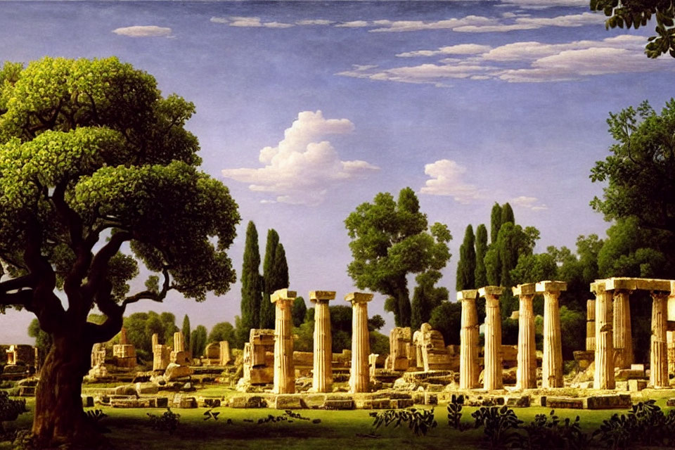 Tranquil landscape of ancient ruin with Doric columns amid lush trees