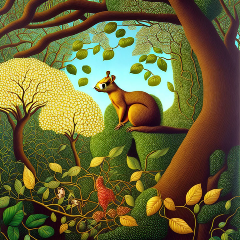 Forest scene illustration with large tree, chipmunk, green foliage, and hidden figure