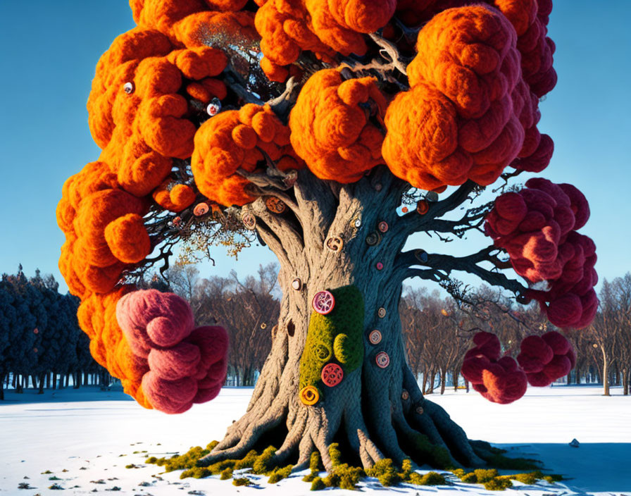 Colorful puffball tree in snow-covered landscape under blue sky