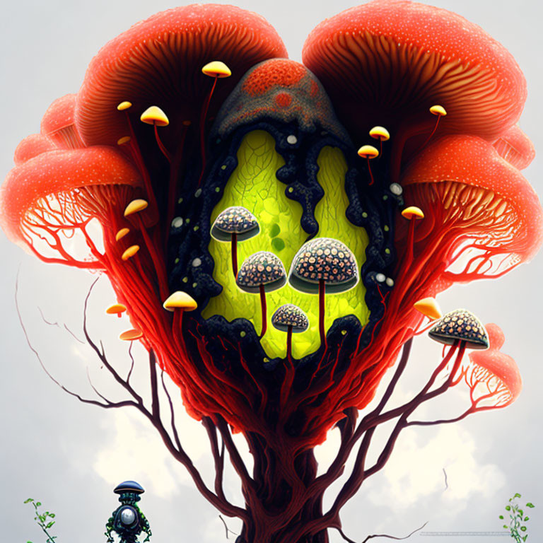 Fantastical digital artwork of tree with mushroom-like foliage against sky