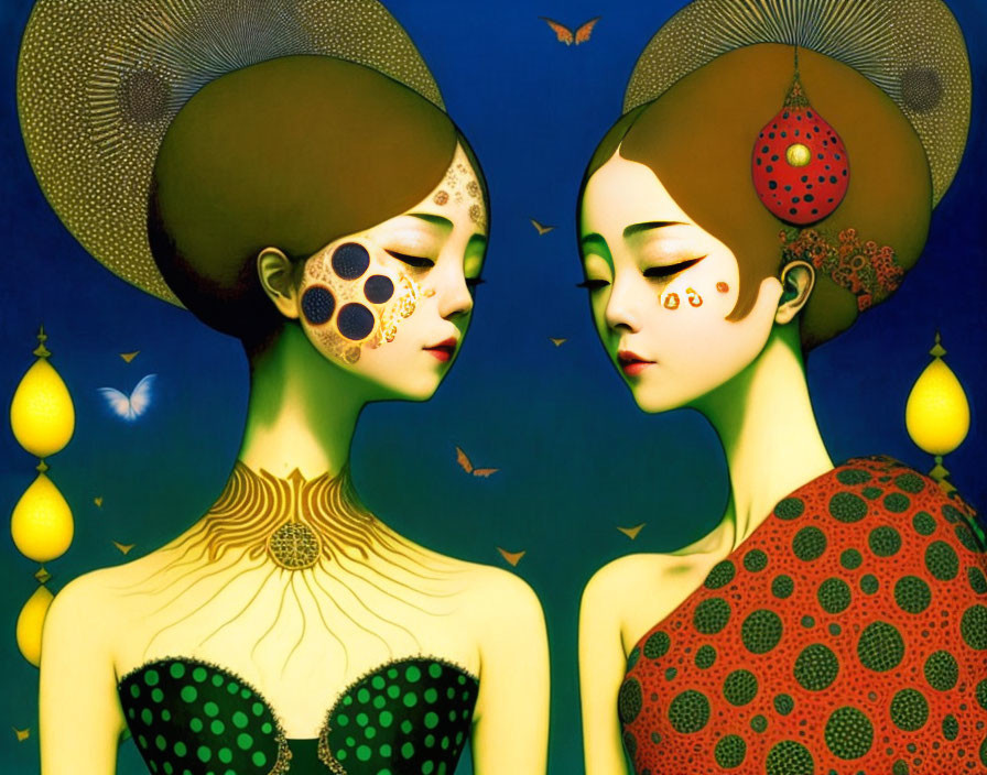 Colorful surreal artwork featuring women with decorative headpieces and vibrant clothing in a setting with butterflies and hanging