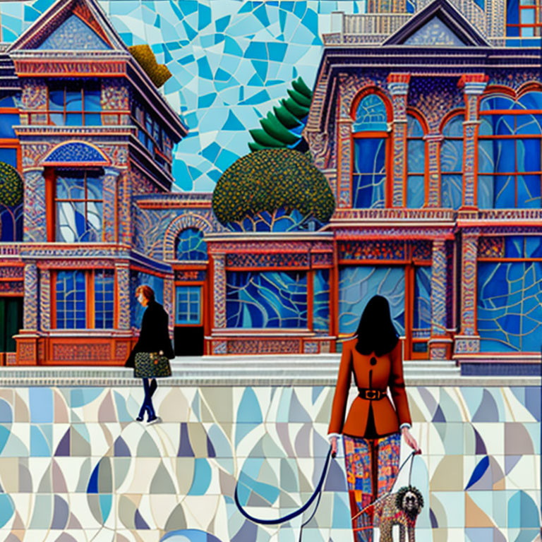 Vibrant illustration of people walking dogs in front of colorful buildings