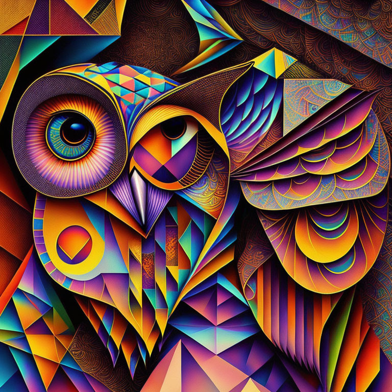 Colorful Geometric Owl Illustration with Prominent Eyes and Detailed Feathers