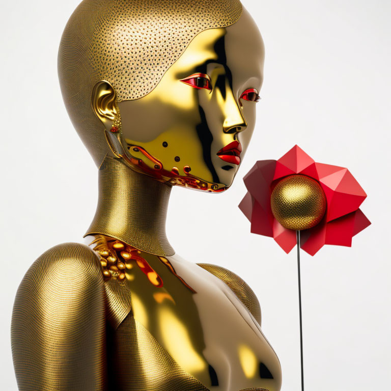 Golden humanoid figure in 3D with textured skin and red geometric flower.