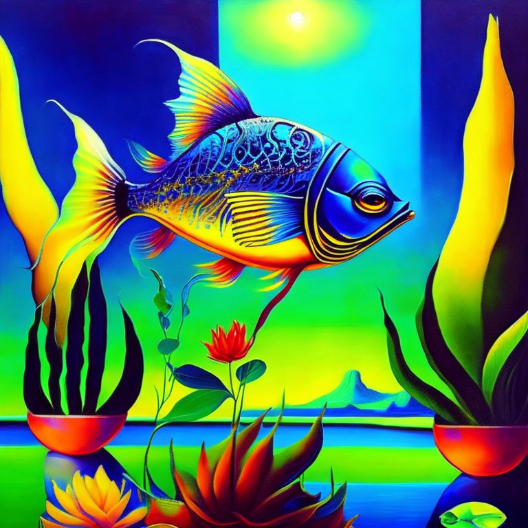 Colorful Fish Painting with Aquatic Plants on Blue and Yellow Background