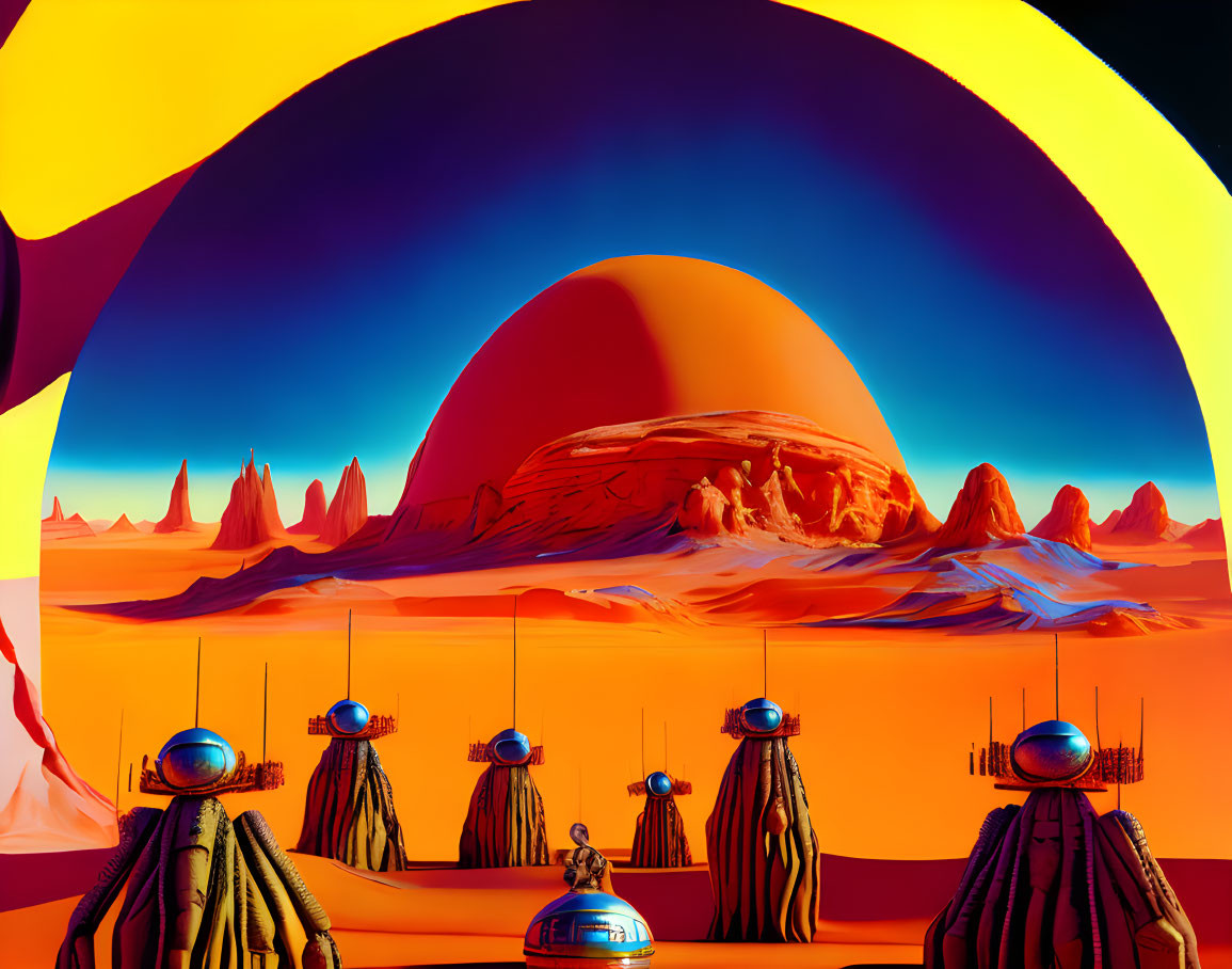 Vibrant surreal landscape with alien figures and dome city