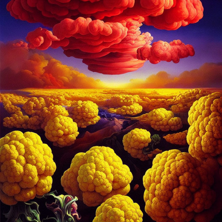 Vibrant surreal landscape with cauliflower-like clouds and red sky