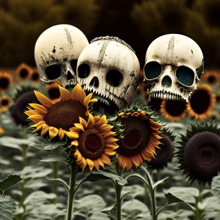 Skull-faced sunflowers in a dark, surreal field