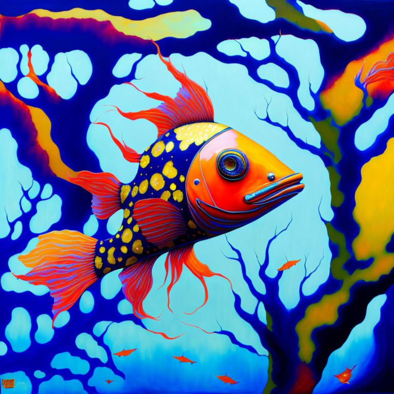 Colorful painting of orange fish in blue coral habitat