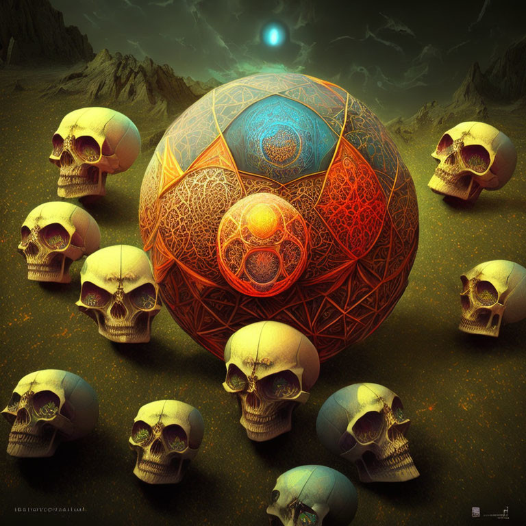 Surreal artwork: Large orb with skulls on desolate landscape