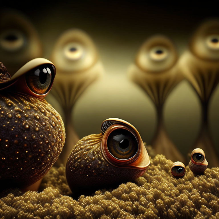 Enigmatic creatures with expressive eyes in surreal golden landscape